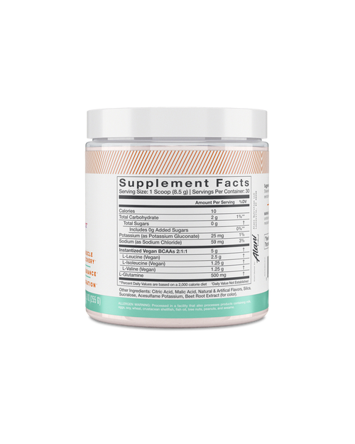 A back view of BCAA in Hawaiian Shaved Ice flavor highlighting supplement facts.