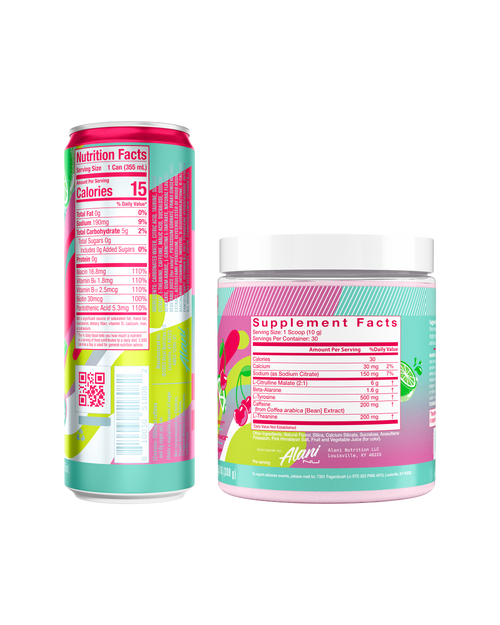 The back view of an Alani Nu Cherry Twist Drink can and Pre-Workout tub, showing nutrition facts.