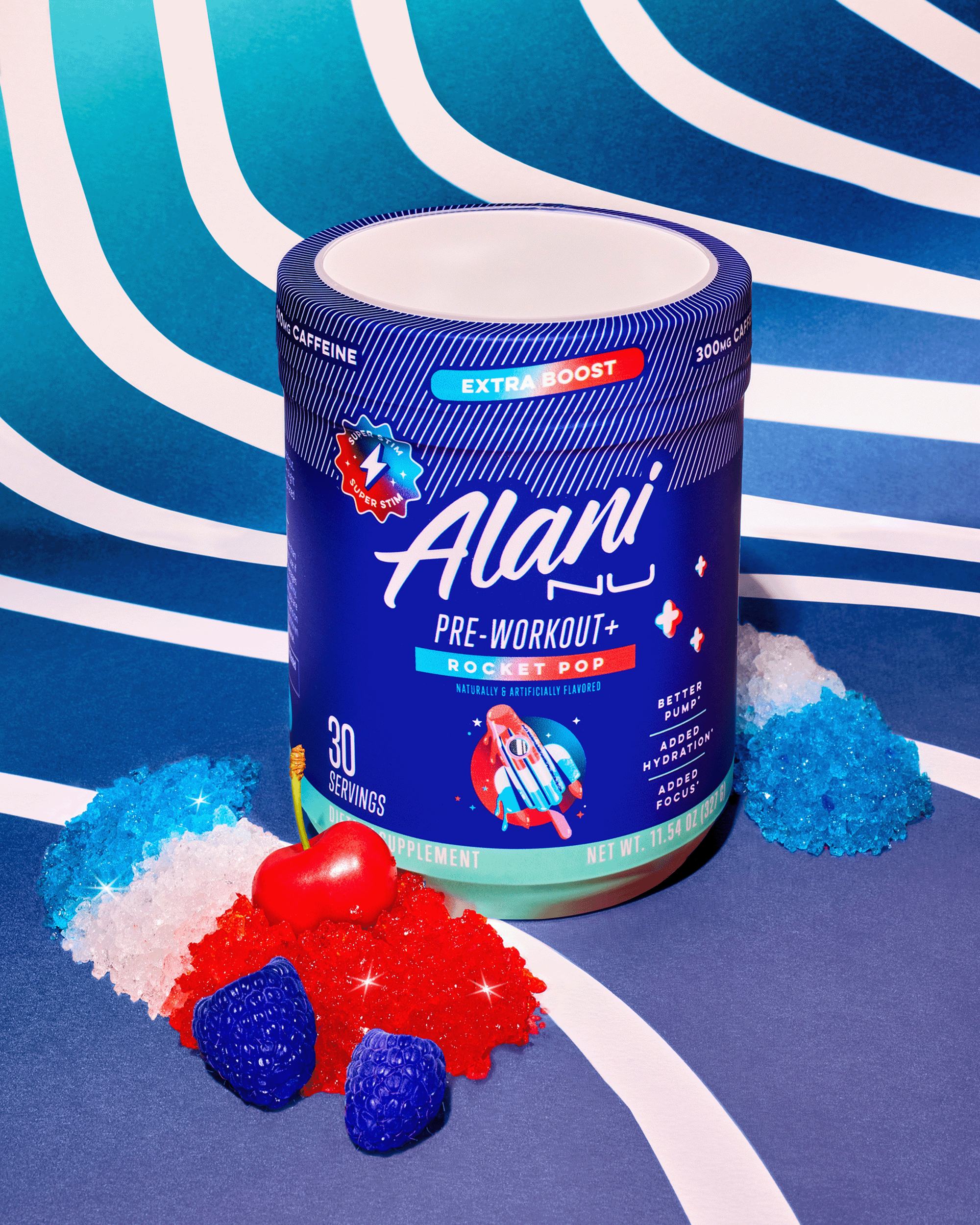 A Pre-workout + in flavor Rocket Pop displayed next to a cherry and berry.